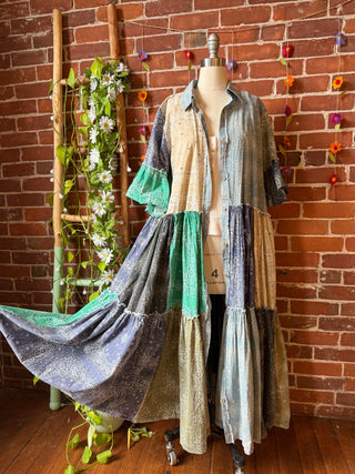 Stone Washed Boho Bandana Tiered Dress / Kimono  100% Cotton