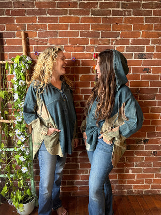 Oversized Moon Catcher Patchwork + Denim Hi Lo Hoodie