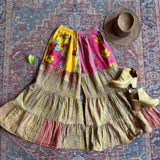 Spring Blooms Reversible Kantha Wide Leg Tiered Palazzo Pants