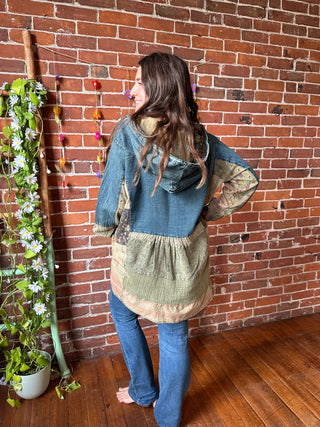 Oversized Moon Catcher Patchwork + Denim Hi Lo Hoodie
