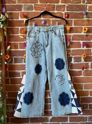 OOAK Autumn Collection-  Size Medium Cropped Patchwork Bell Bottom Pants