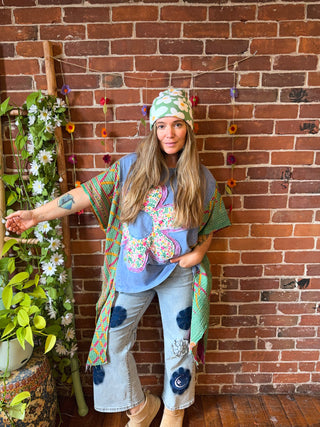 OOAK Autumn Collection - Upcycled Flower Patchwork Hi Lo Kantha Poncho Top 🌼