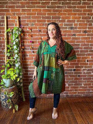 Juniper Patchwork Poncho Hoodie - Green/Earth Tones