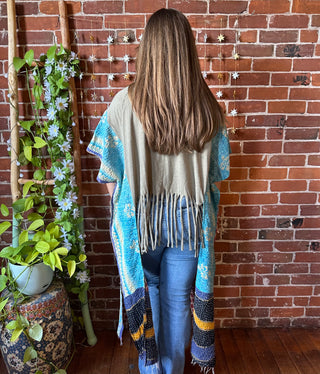 OOAK Autumn Collection- Upcycled Kantha Poncho Hi Lo Fringe Top