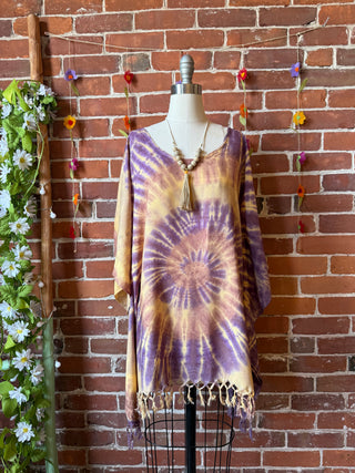 Spiral Earthy Dusk Tie Dye Fringe Poncho