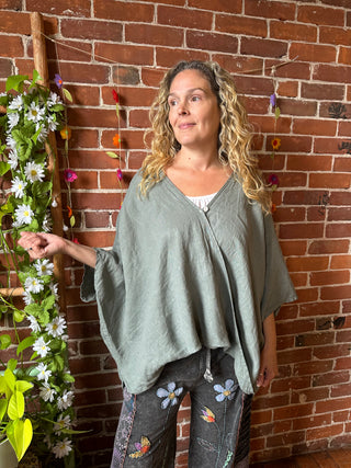 100% Linen Afternoon Stroll Flow Blouse - Olive