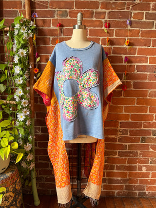 OOAK Autumn Collection - Upcycled Flower Patchwork Hi Lo Kantha Poncho Top 🌼