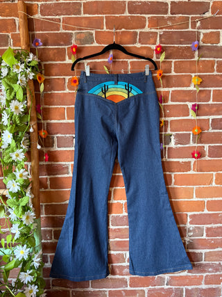 Boho Cactus Rainbow Embroidered High Waisted Bell Bottoms