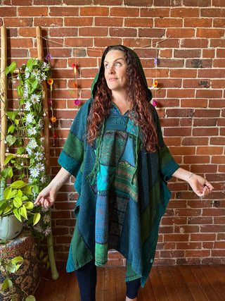 Juniper Patchwork Poncho Hoodie-Teal Blue / Gem Tones