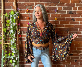Brown Moon + Butterfly Celestial Cropped Bell Sleeve Wrap Top