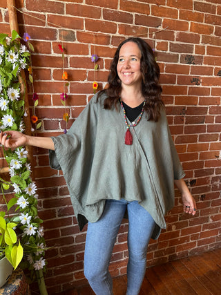 100% Linen Afternoon Stroll Flow Blouse - Olive