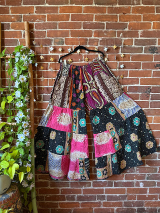 Plus Size Spring Blooms Reversible Kantha Wide Leg Tiered Palazzo Pants