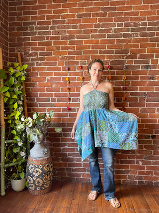 Large/XL Recycled Saree Patchwork Fairy Cut Top / Skirt - Blues / Greens