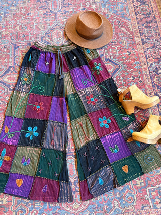 Embroidered Patchwork Bohemian Wide Leg Lounge Pants - 100% Cotton