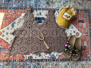 Boho Crochet Overlay Tank - Mocha