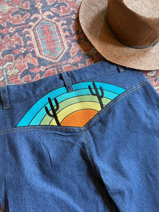Boho Cactus Rainbow Embroidered High Waisted Bell Bottoms