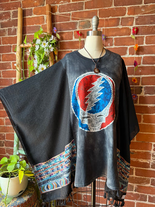 Grateful Dead Inspired Batik Stealie Embroidered Black Poncho