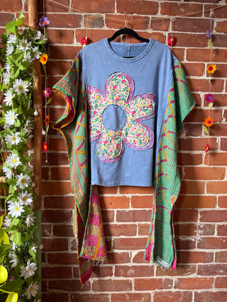 OOAK Autumn Collection - Upcycled Flower Patchwork Hi Lo Kantha Poncho Top 🌼