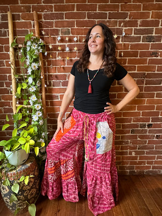 Spring Blooms Reversible Kantha Wide Leg Tiered Palazzo Pants