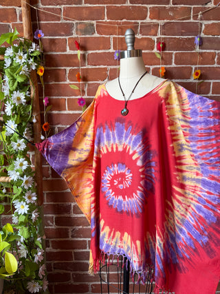 Spiral Sunset Tones Tie Dye Fringe Poncho