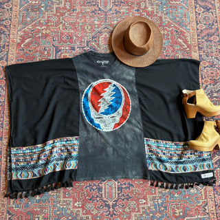 Grateful Dead Inspired Batik Stealie Embroidered Black Poncho