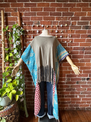 OOAK Autumn Collection- Upcycled Kantha Poncho Hi Lo Fringe Top