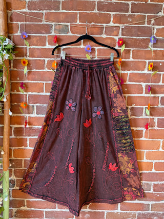 Embroidered Bohemian Spring Wide Leg Lounge Pants - Earthy Red 100% Cotton