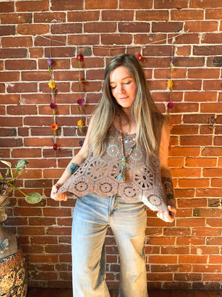 Boho Crochet Overlay Tank - Mocha