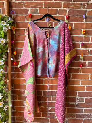 OOAK Autumn Collection- Upcycled Tie Dye Embroidered Hi Lo Kantha Poncho Top