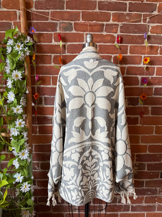 Gray Sky Fringe Cocoon Shawl Reversible Kimono - 100% Cotton