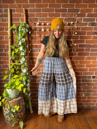 Autumn Stroll Plaid Patchwork Bohemian Wide Leg Pants