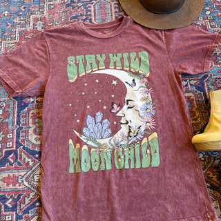 Stay Wild Moon Child Mineral Wash TShirt -Merlot