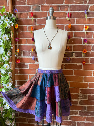 100% Cotton Boho Festival Patchwork Mini Skirt - Purple