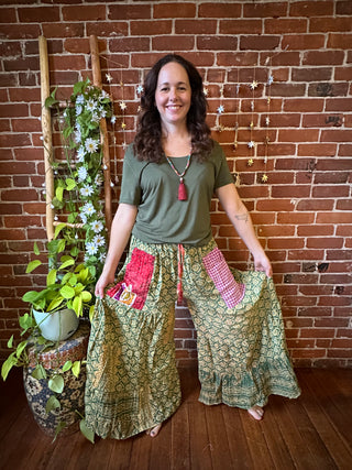 Spring Blooms Reversible Kantha Wide Leg Tiered Palazzo Pants