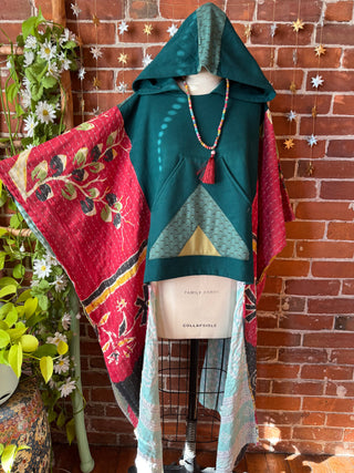 OOAK Autumn Collection- Upcycled Organic Cotton + Kantha Poncho Hi lo Hoodie