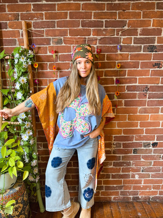OOAK Autumn Collection - Upcycled Flower Patchwork Hi Lo Kantha Poncho Top 🌼