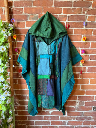 Juniper Patchwork Poncho Hoodie-Teal Blue / Gem Tones