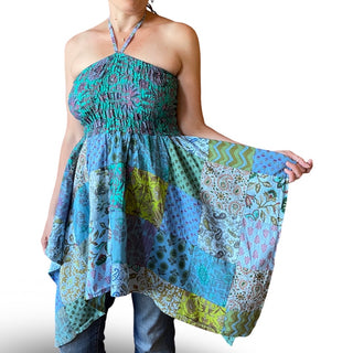 Large/XL Recycled Saree Patchwork Fairy Cut Top / Skirt - Blues / Greens