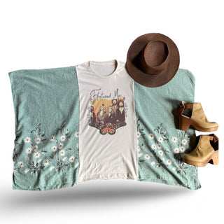 Fleetwood Mac Butterfly Inspired Sage Daisy Embroidered Poncho