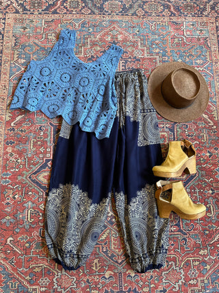 Wheel of Life Flowy Harem Pants- Navy Blue