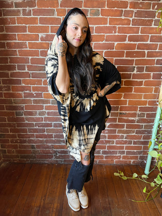 Spiral Black Beige Tie Dye Poncho Hoodie