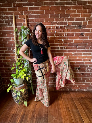 Spring Blooms Reversible Kantha Wide Leg Tiered Palazzo Pants