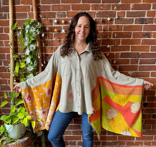 OOAK Autumn Collection- Birdsong Kantha Button Up Wing Style Poncho Jacket