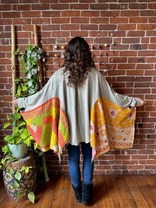 OOAK Autumn Collection- Birdsong Kantha Button Up Wing Style Poncho Jacket