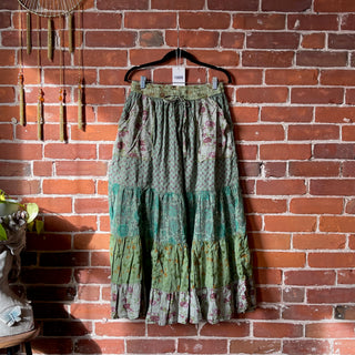 Penelope Patchwork Skirt with Pockets -Green Earth Tones