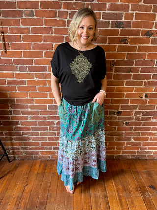 Blue Earth Tones Penelope Patchwork Skirt with Pockets