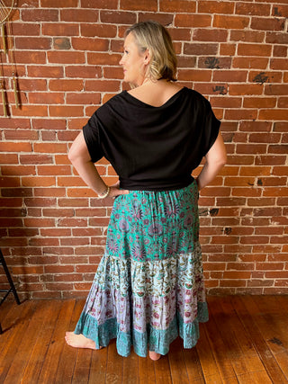Blue Earth Tones Penelope Patchwork Skirt with Pockets