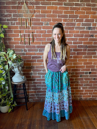 Blue Earth Tones Penelope Patchwork Skirt with Pockets