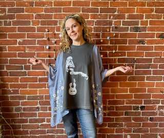 Dolly Parton Inspired Dusty Blue Daisy Embroidered Poncho