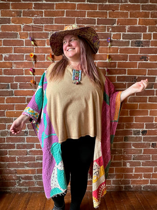 OOAK Autumn Collection - Upcycled Waffle Knit Kantha Poncho Hi Lo Top